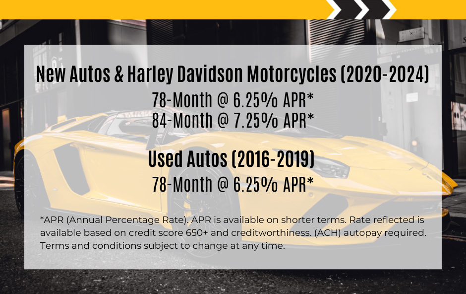 Reduced Loan Rates - Act Fast! New autos and Harley-Davidson motorcycles (2020-2024). Rates start as low as 5.99%. Please call 219-942-3377 for more information.